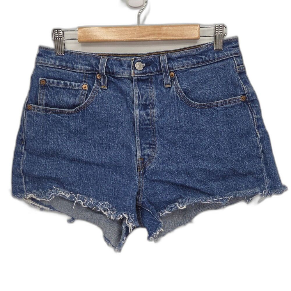 Levis 501 Original Shorts Womens 30 Blue High Rise Cutoff Denim Raw Hem Stretch